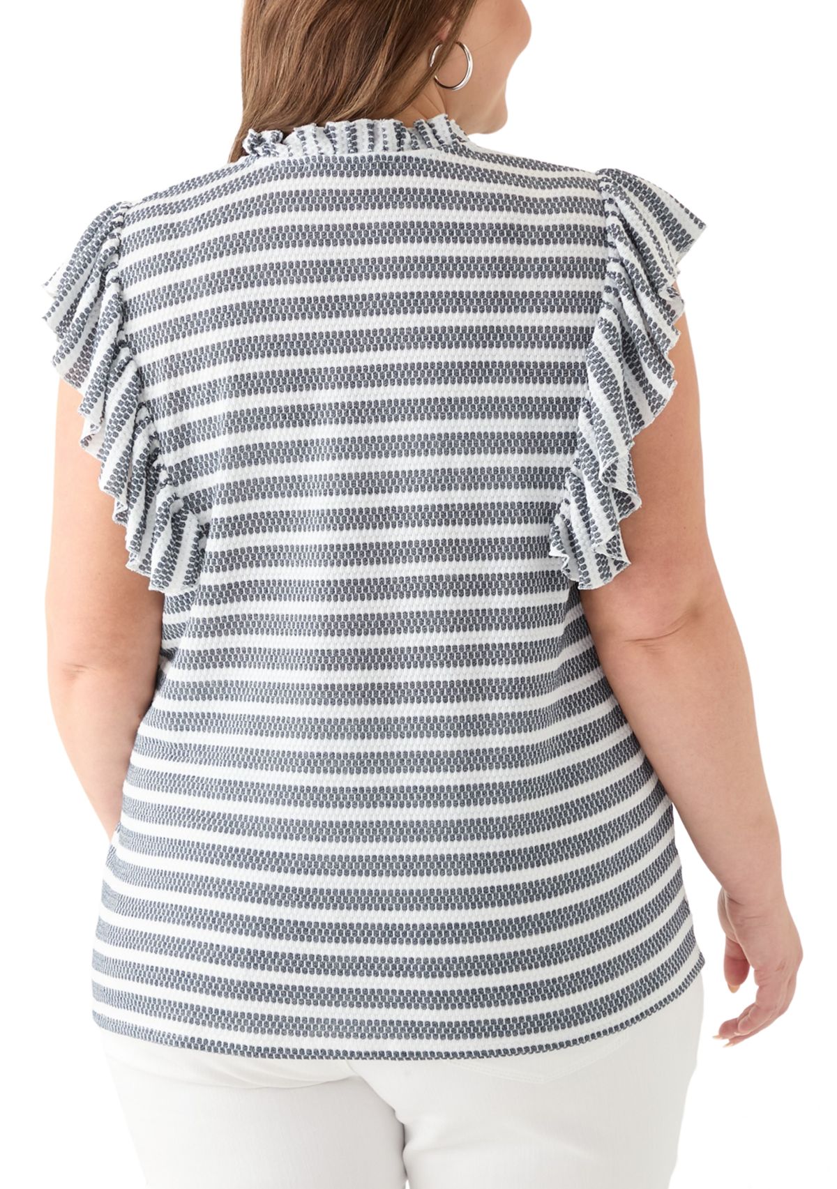 Plus Size Flutter Sleeve Stripe Knit Gauze Top 