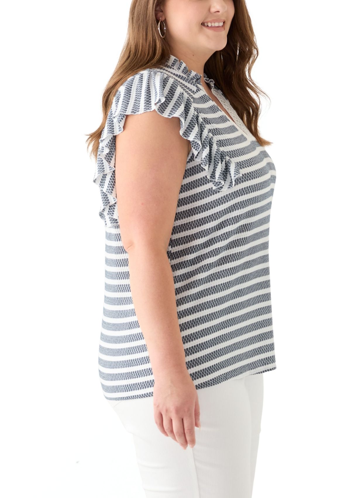 Plus Size Flutter Sleeve Stripe Knit Gauze Top 