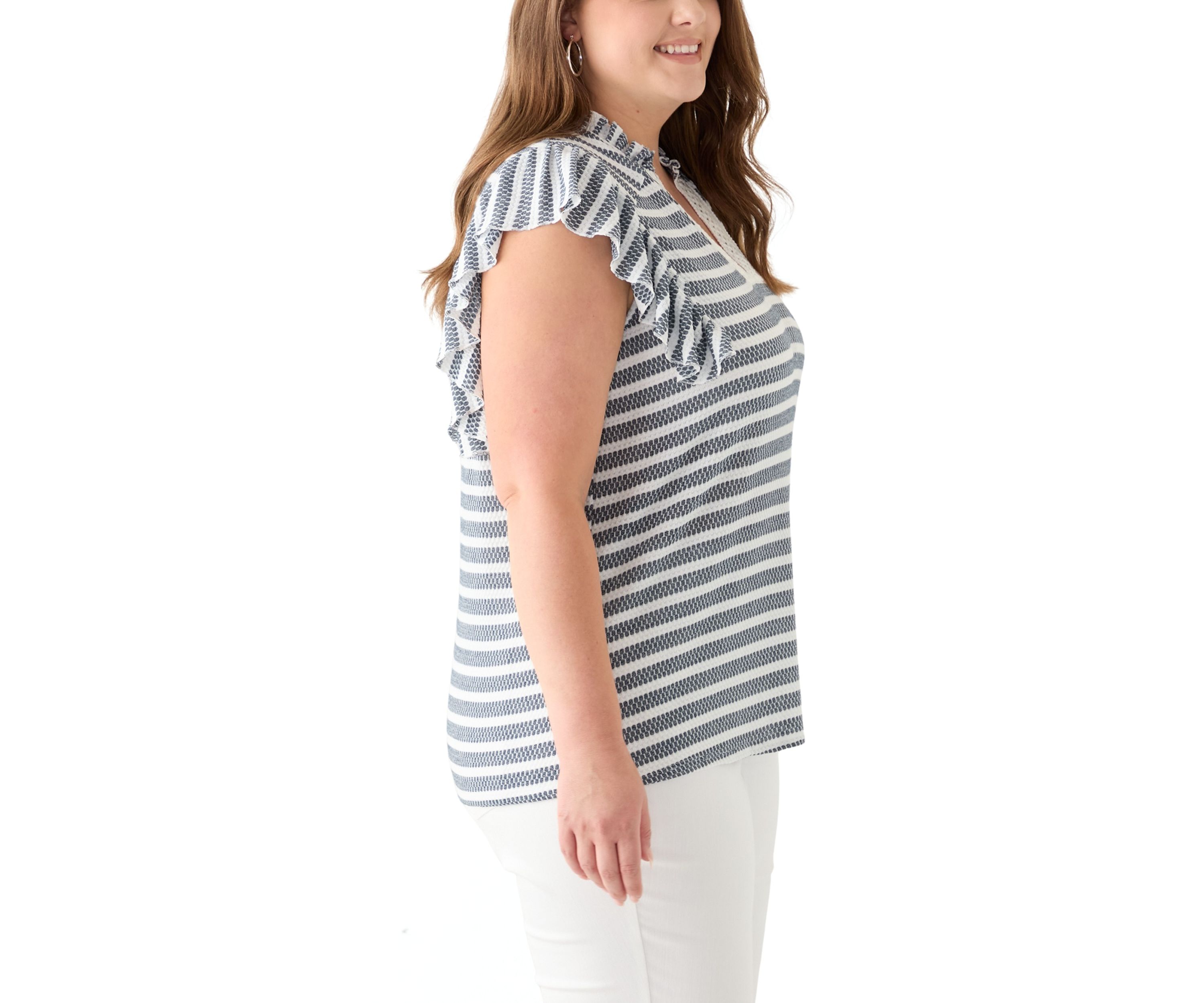 Plus Size Flutter Sleeve Stripe Knit Gauze Top 