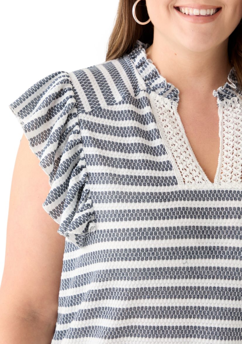 Plus Size Flutter Sleeve Stripe Knit Gauze Top 