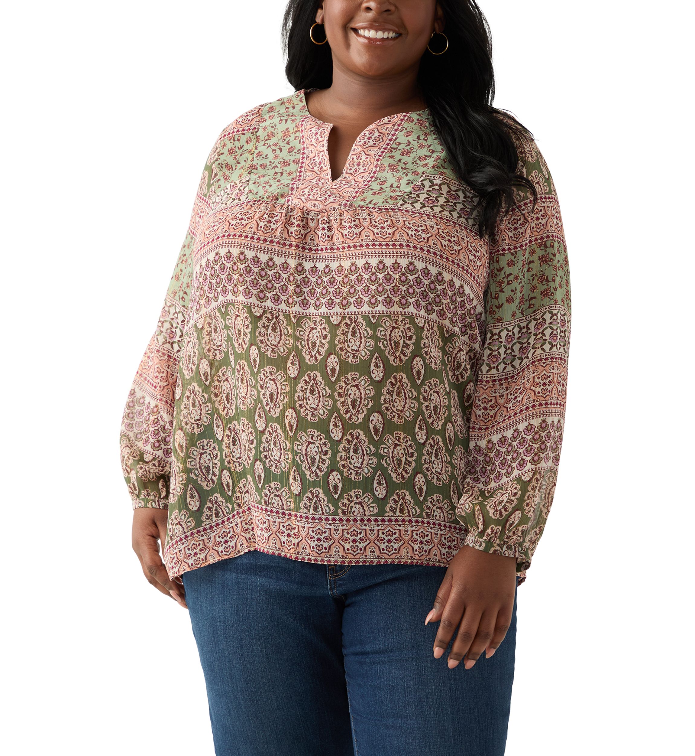 Plus Size 3/4 Lurex Printed Woven Blouse
