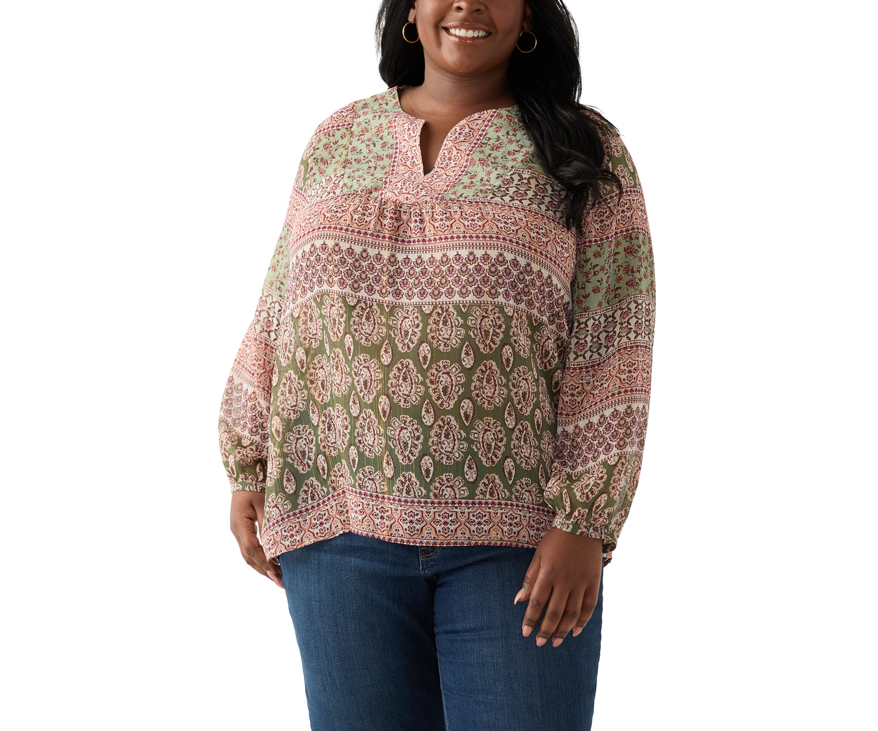 Plus Size 3/4 Lurex Printed Woven Blouse