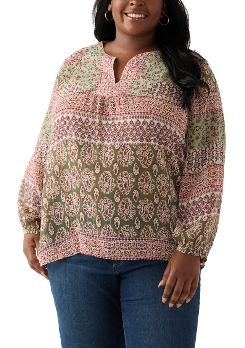 Plus Size 3/4 Lurex Printed Woven Blouse