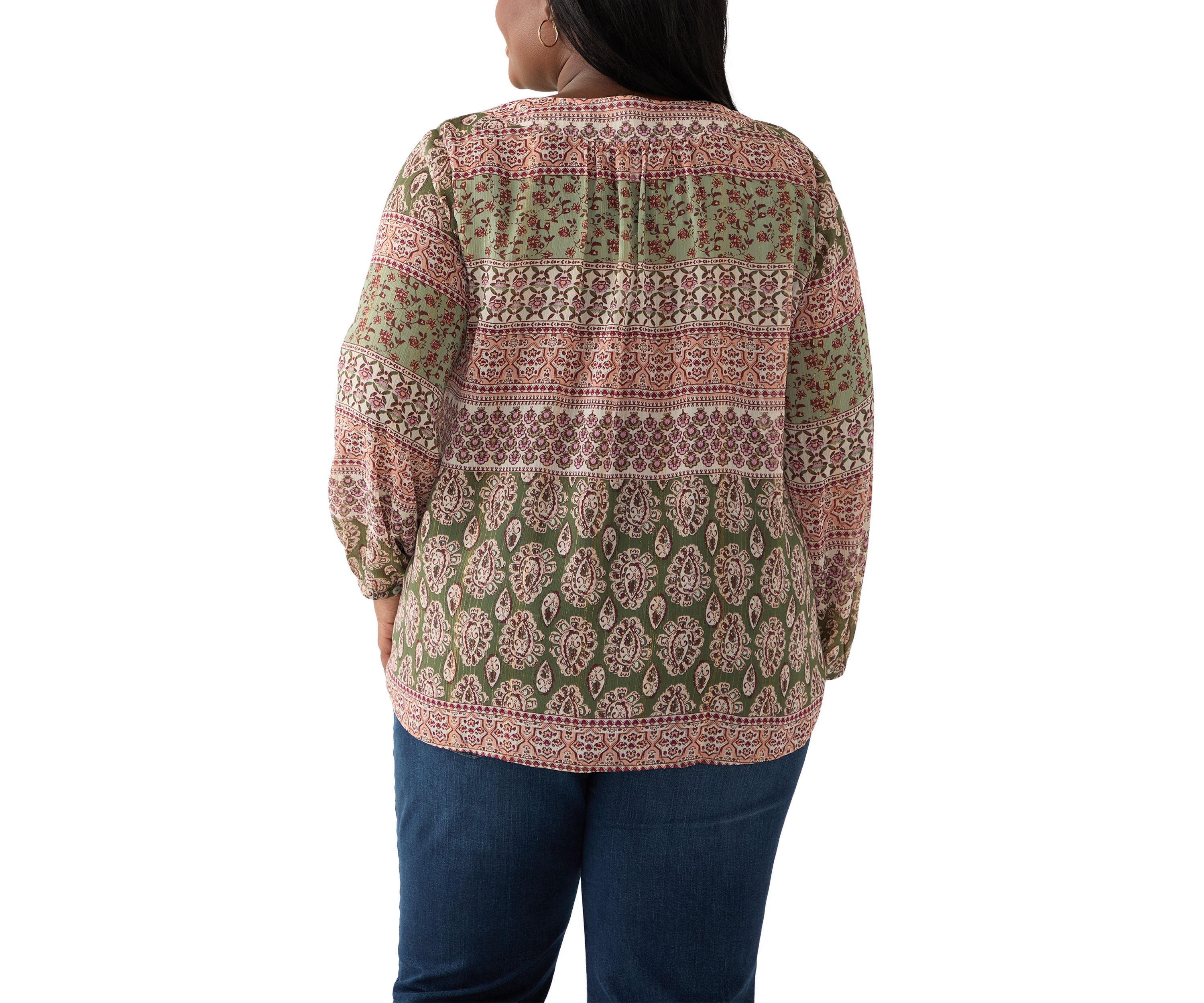 Plus Size 3/4 Lurex Printed Woven Blouse
