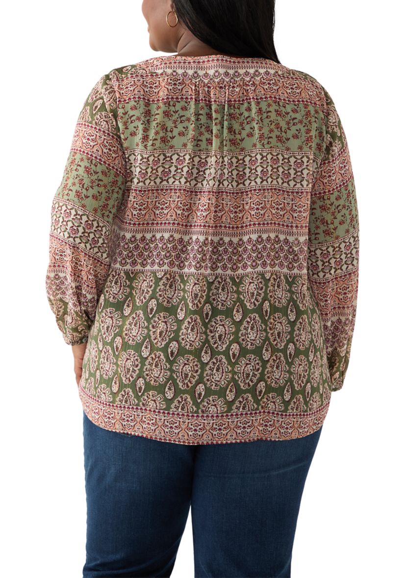 Plus Size 3/4 Lurex Printed Woven Blouse