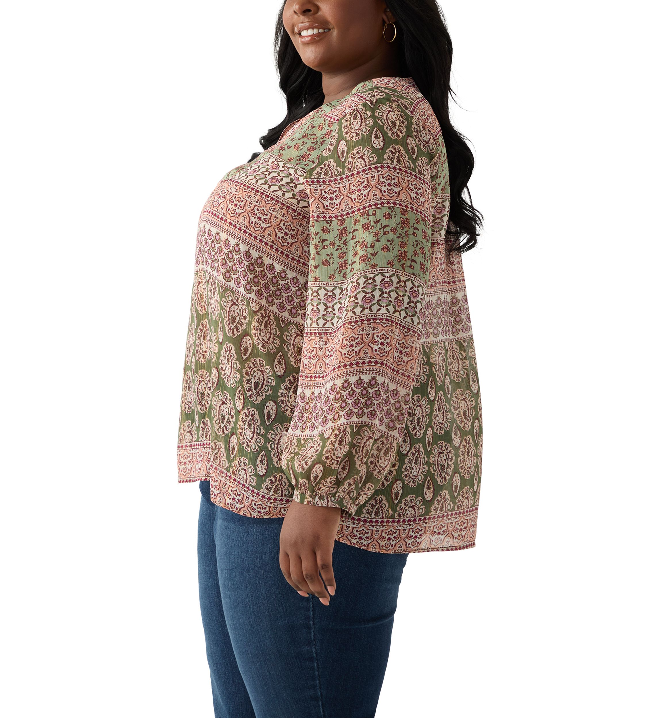 Plus Size 3/4 Lurex Printed Woven Blouse