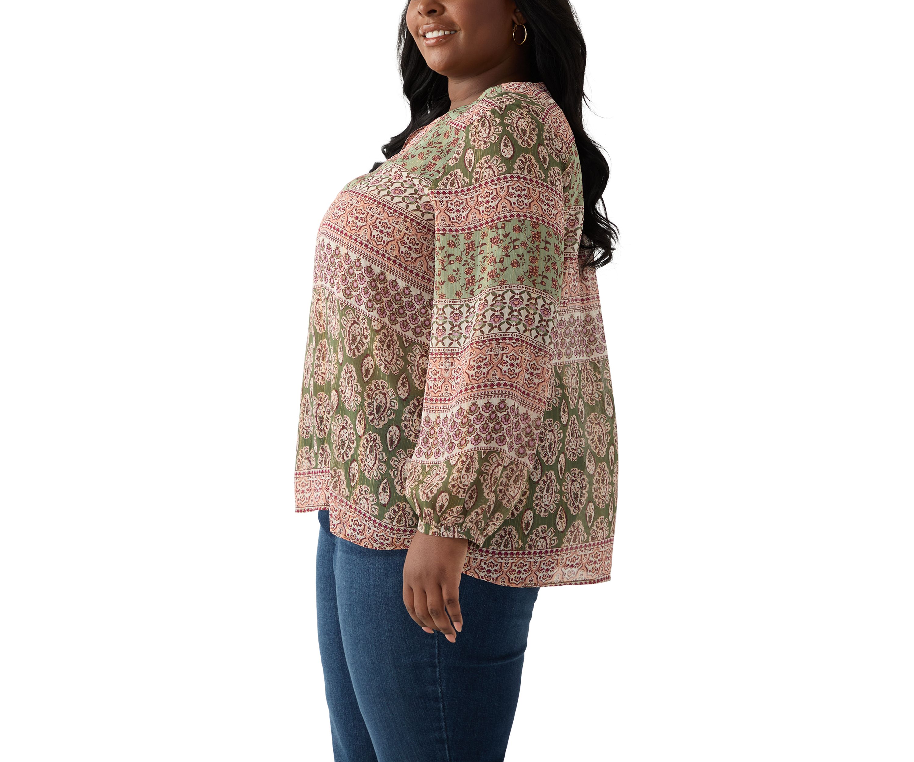 Plus Size 3/4 Lurex Printed Woven Blouse
