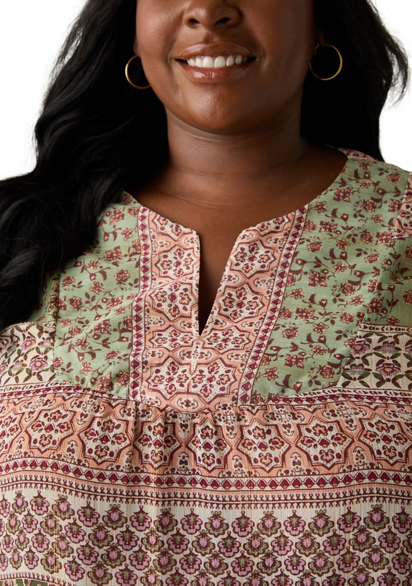 Plus Size 3/4 Lurex Printed Woven Blouse