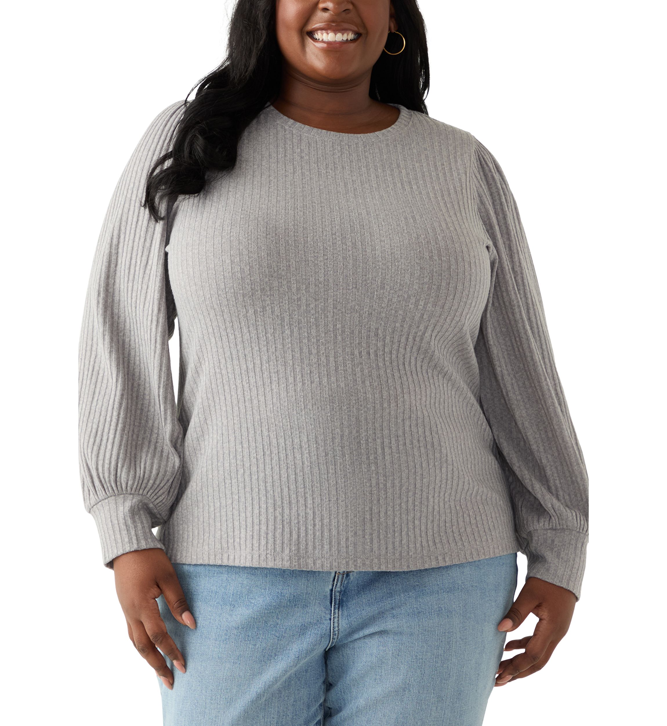 Fever Plus Size Crew Neck Hatchi Ribbed Knit Top | Belk