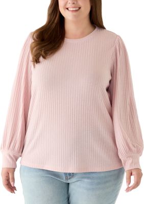 Fever Women's Plus Size Crew Neck Hatchi Ribbed Knit Top, Pink, 3X