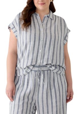 Fever Women's Plus Size Striped Camp Shirt
