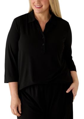 Fever Women's Plus Size Roll Tab Textured Collared Top, Black, 3X