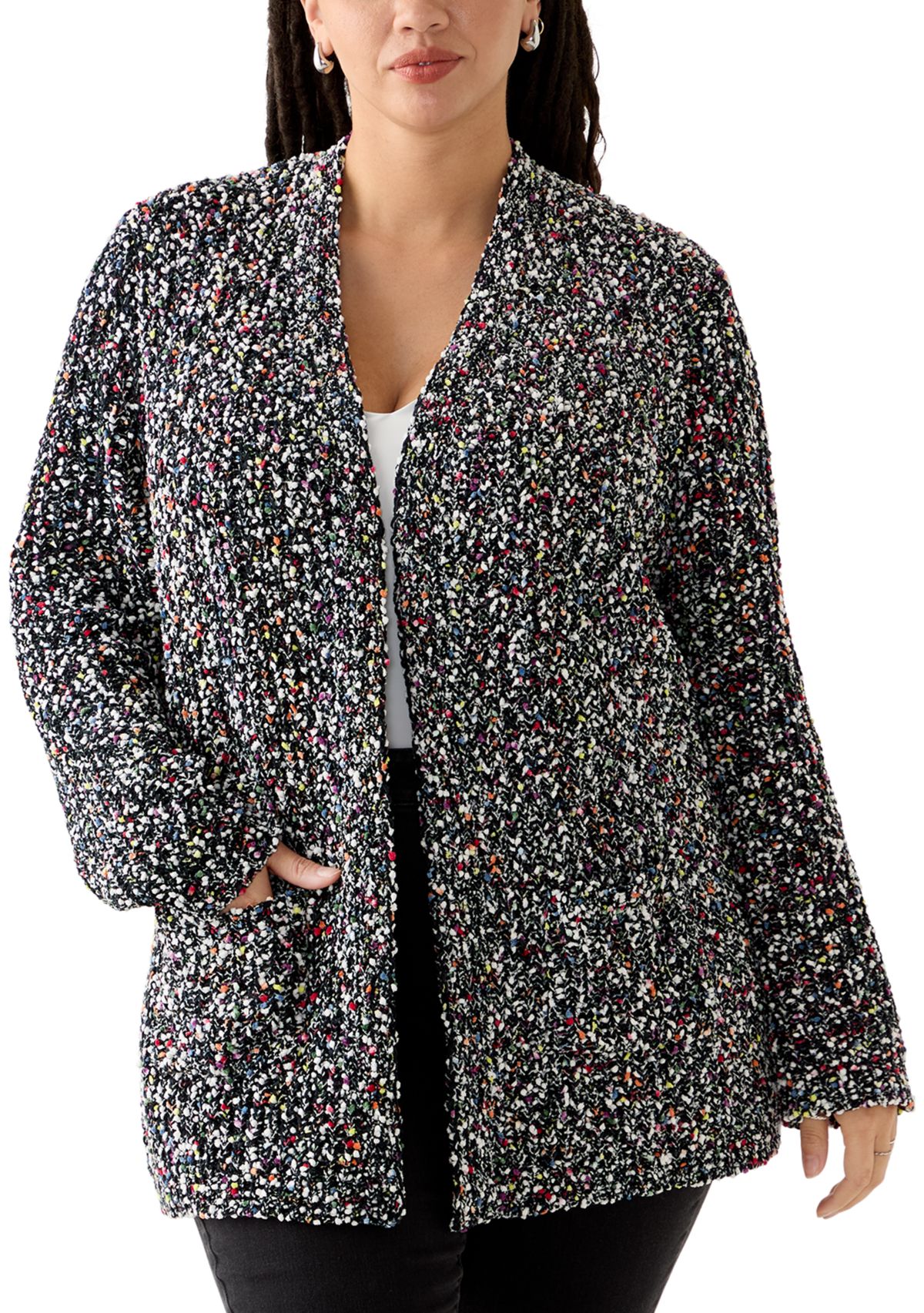 Plus Size Confetti Chenille 2-Pocket Open Front Cardigan