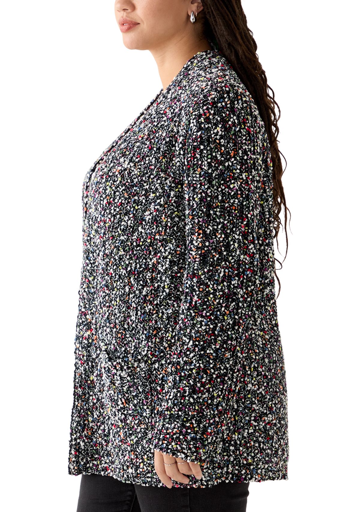 Plus Size Confetti Chenille 2-Pocket Open Front Cardigan