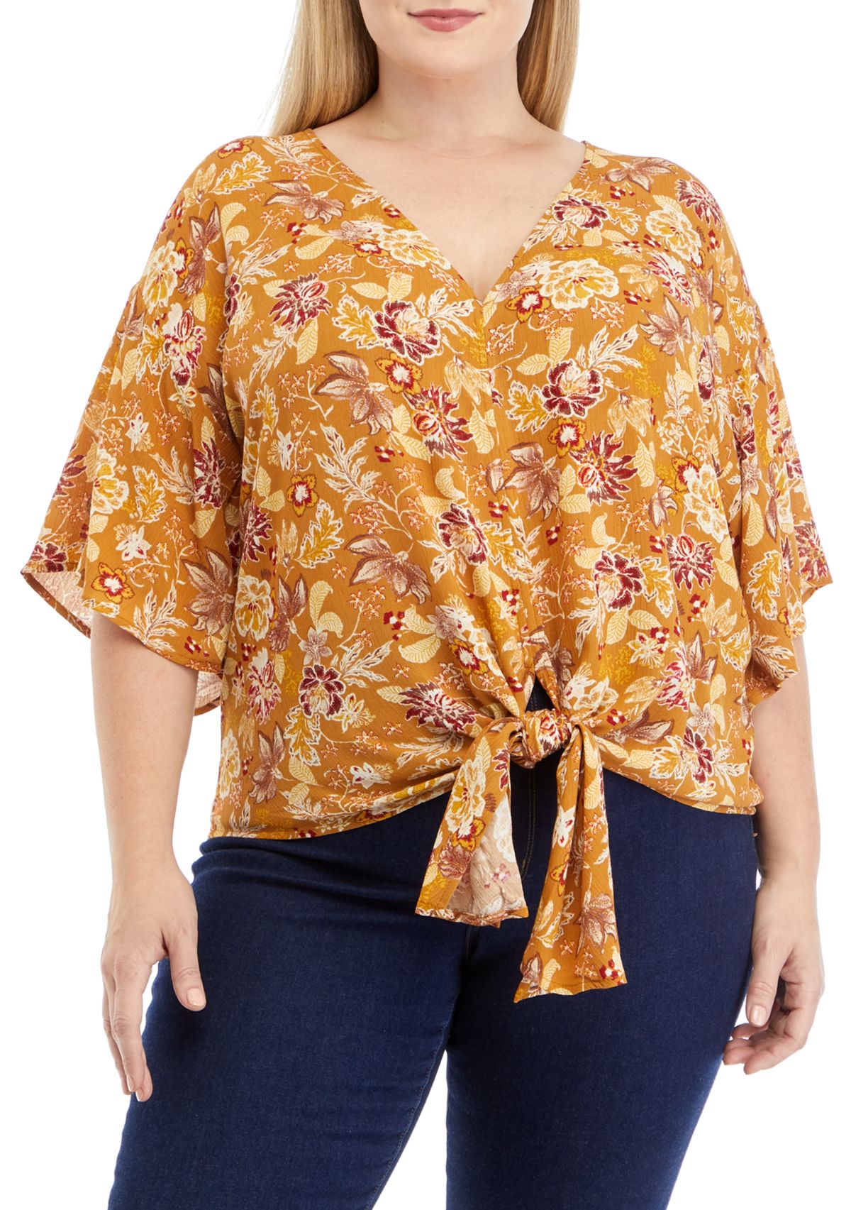 Plus Size Short Dolman Sleeve Tie Front Top