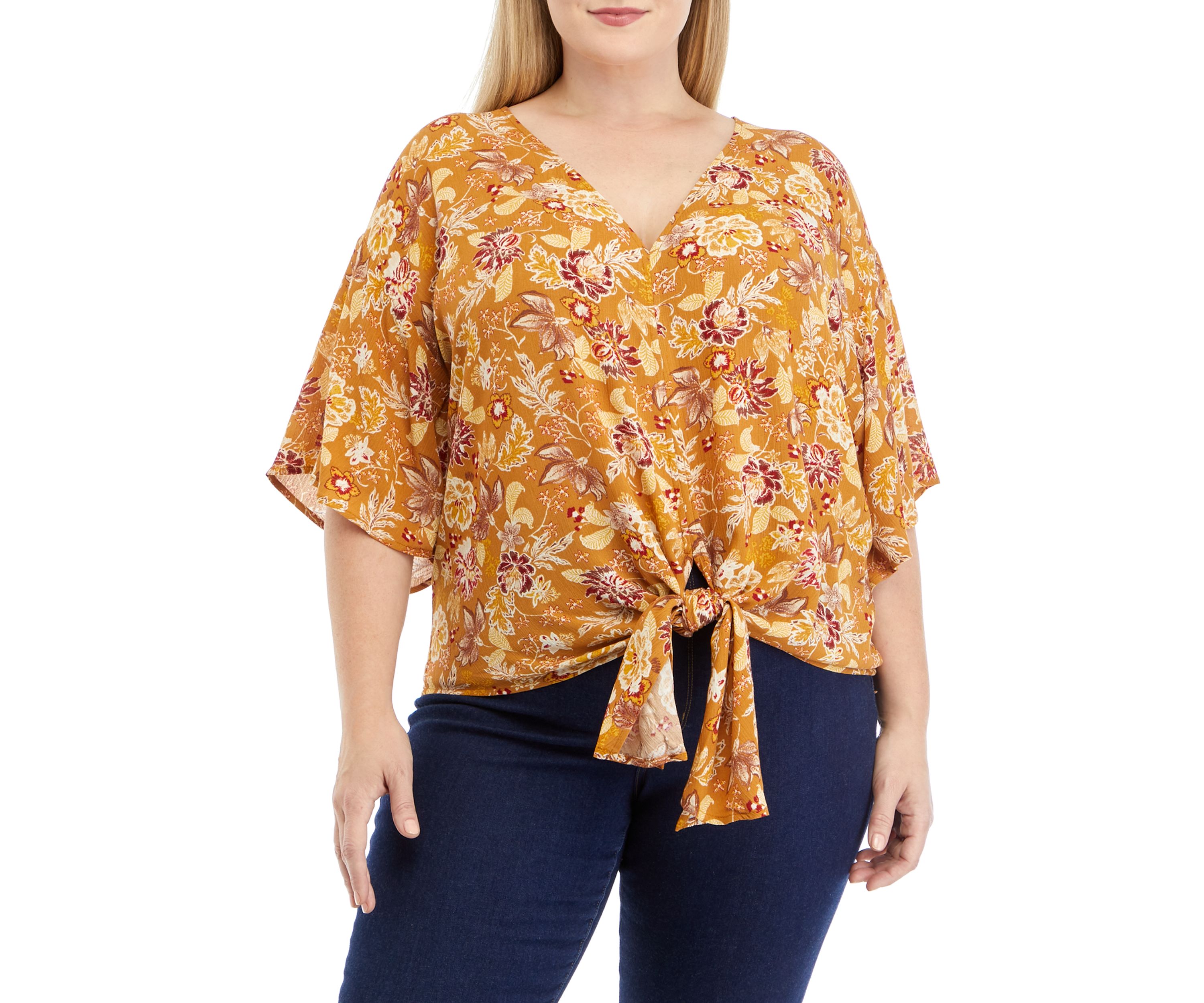 Plus Size Short Dolman Sleeve Tie Front Top