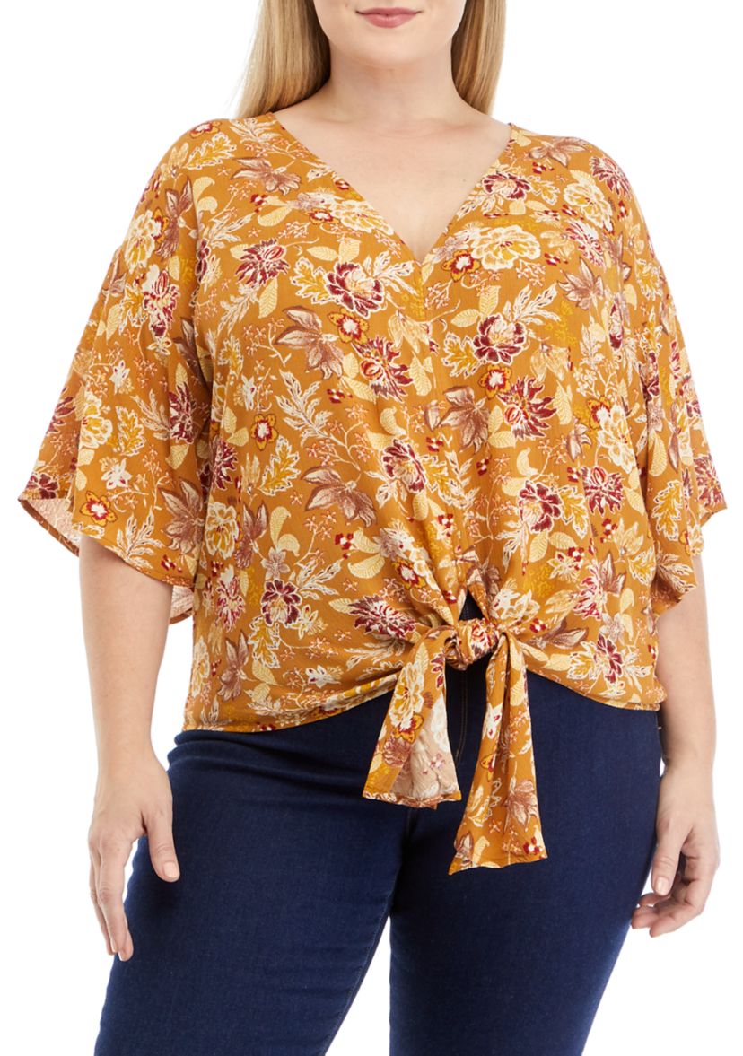 Plus Size Short Dolman Sleeve Tie Front Top