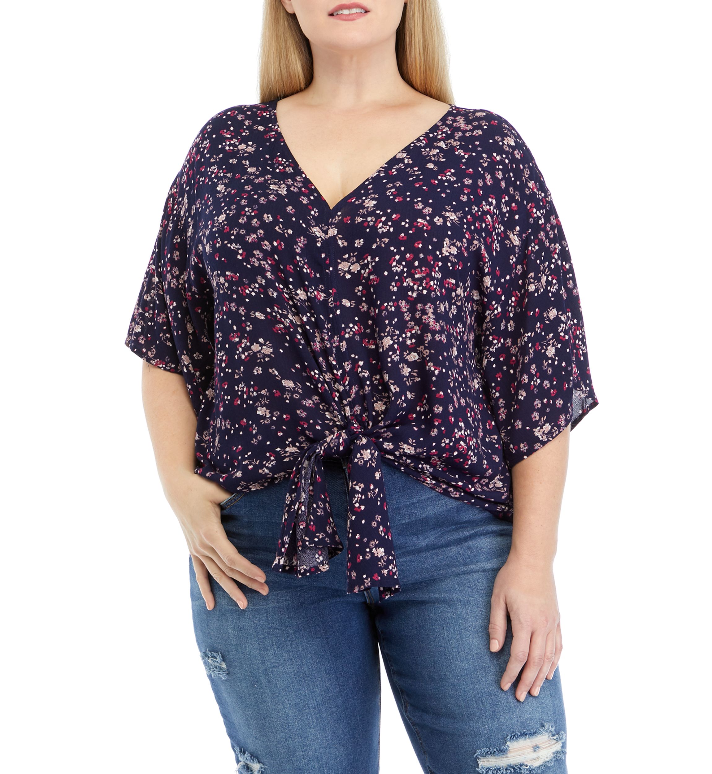 Plus Size Short Dolman Sleeve Tie Front Top