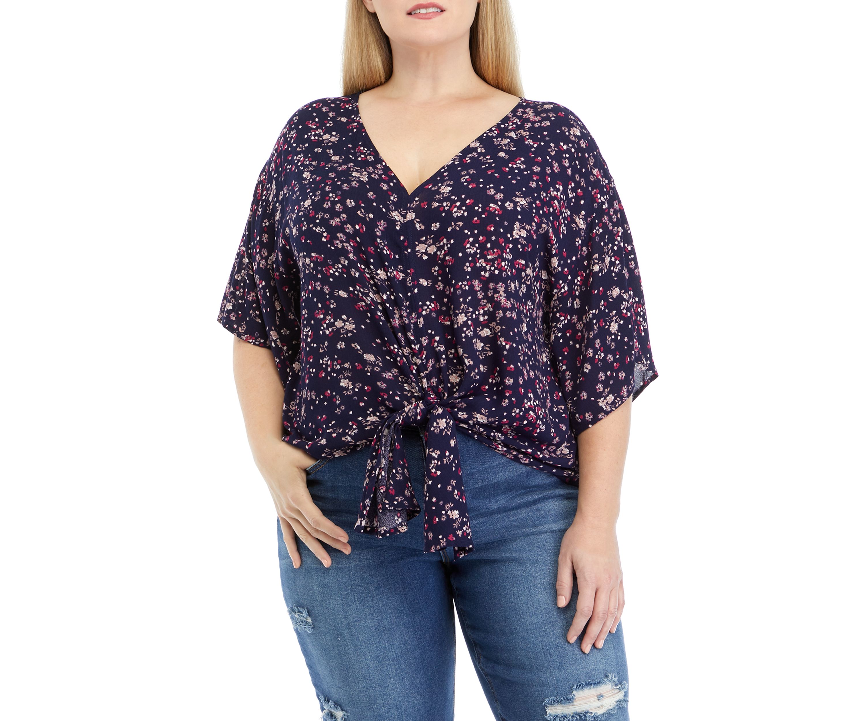 Plus Size Short Dolman Sleeve Tie Front Top