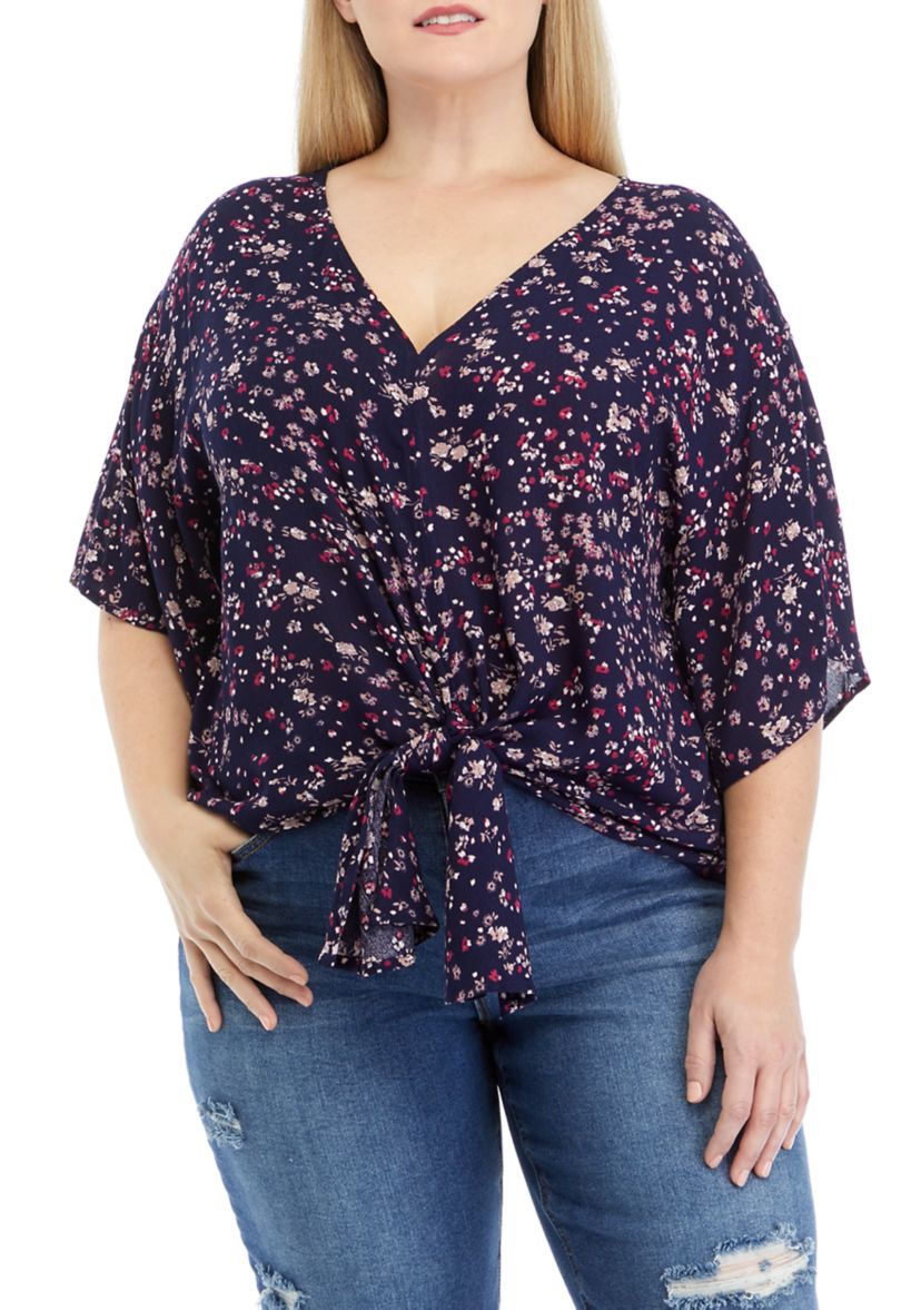 Plus Size Short Dolman Sleeve Tie Front Top