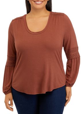 Thread and Clover Women's Plus Size Crochet Inset Knit Shirt, 2X