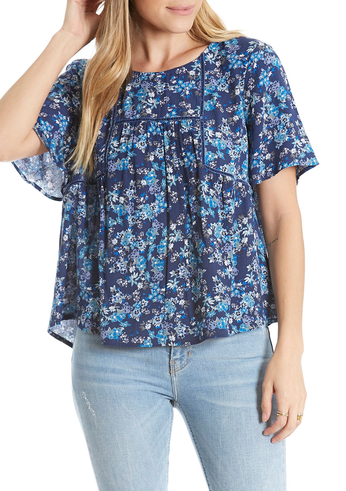 Short Sleeve Velvet Trim Woven Blouse