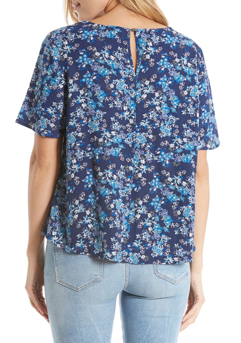 Short Sleeve Velvet Trim Woven Blouse