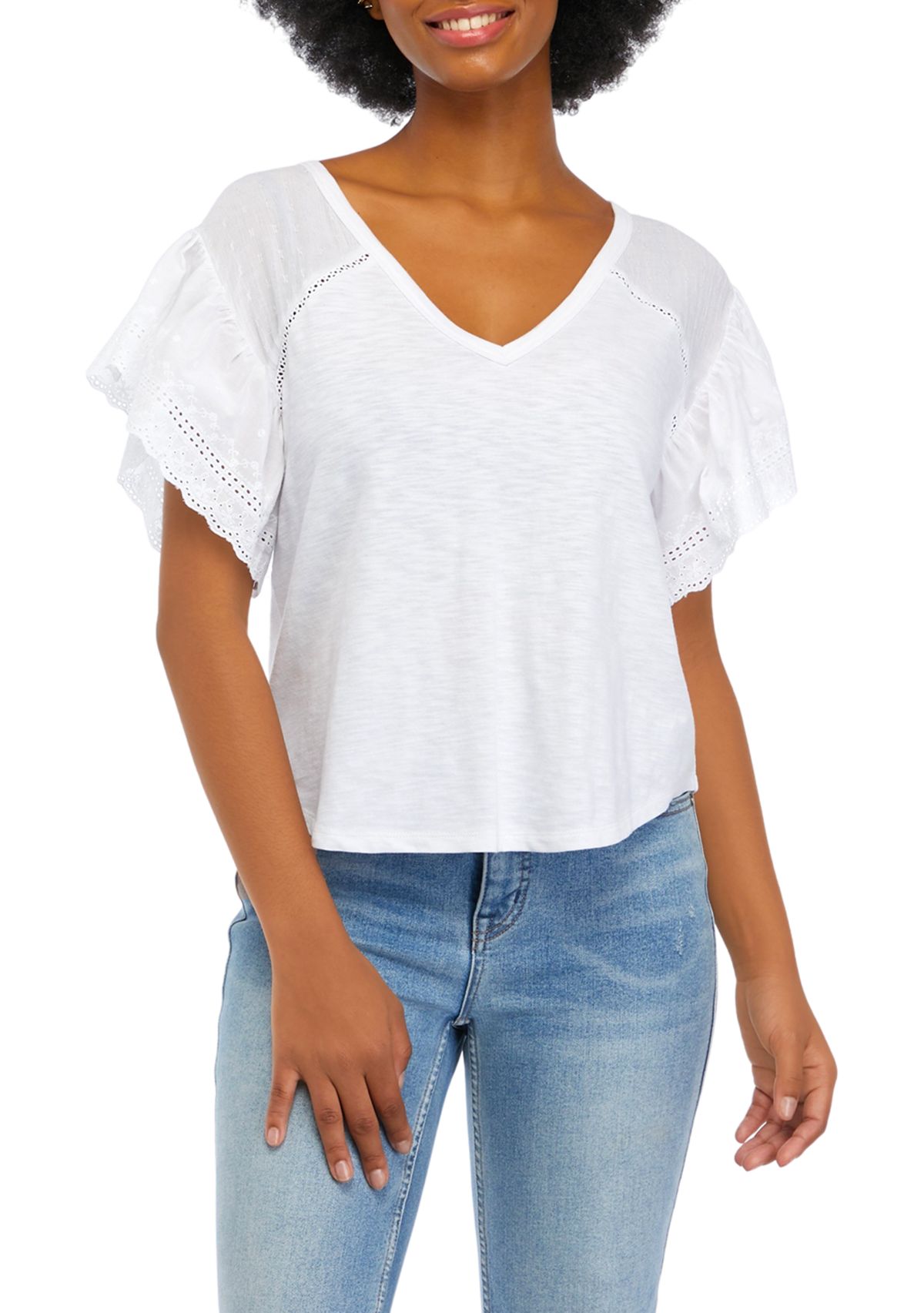Juniors Short Flutter Sleeve V-Neck Top