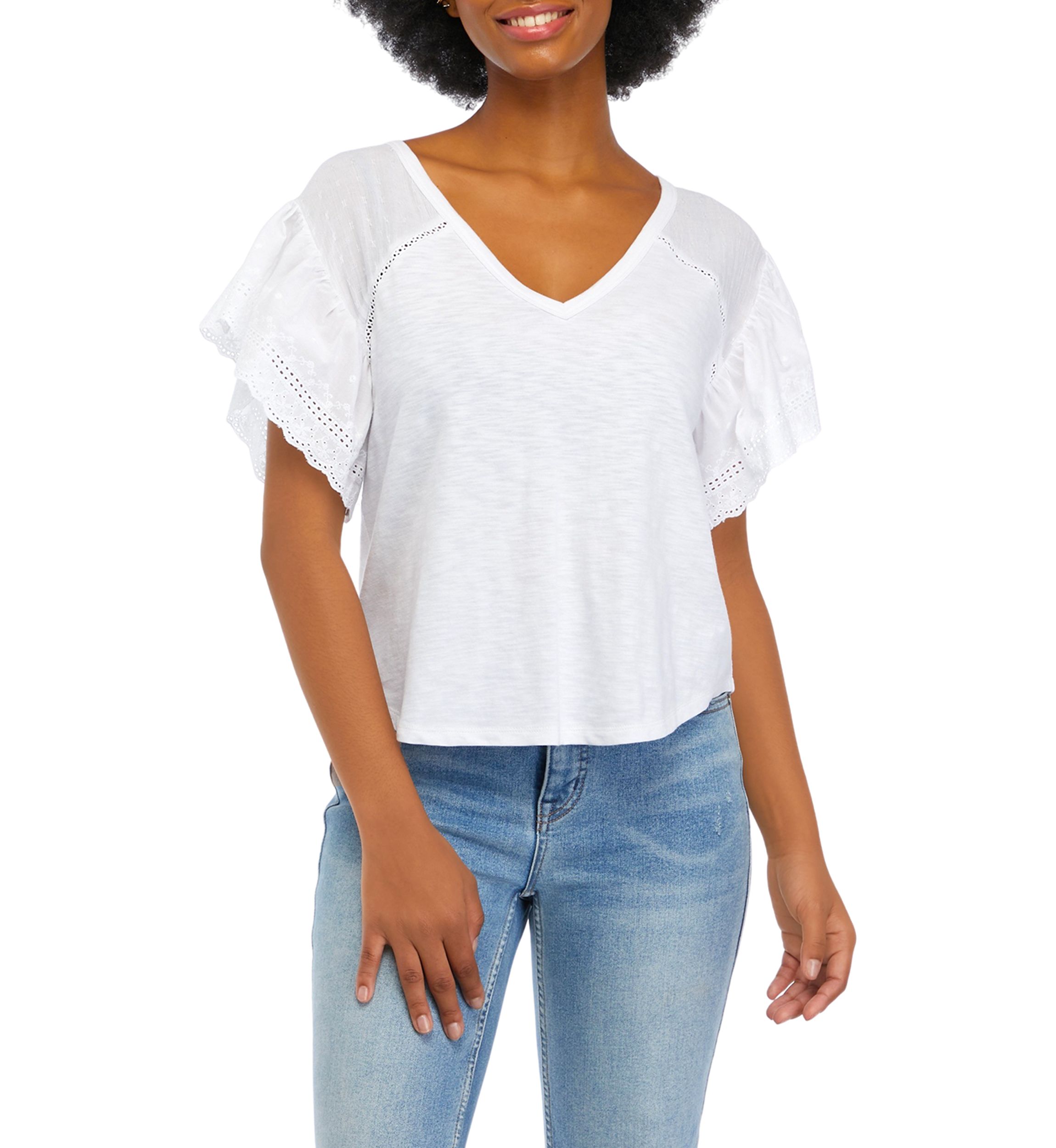 Juniors Short Flutter Sleeve V-Neck Top