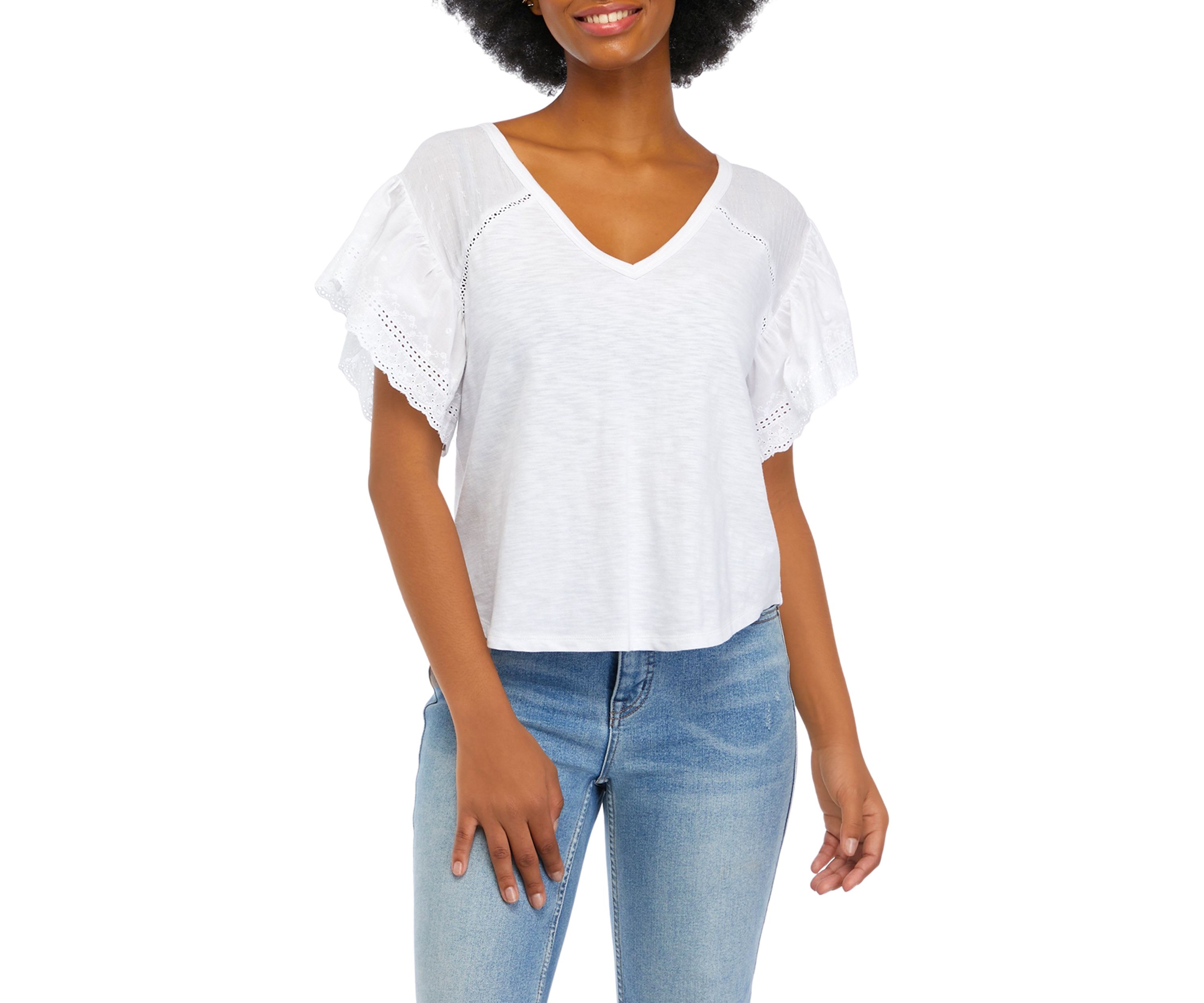 Juniors Short Flutter Sleeve V-Neck Top