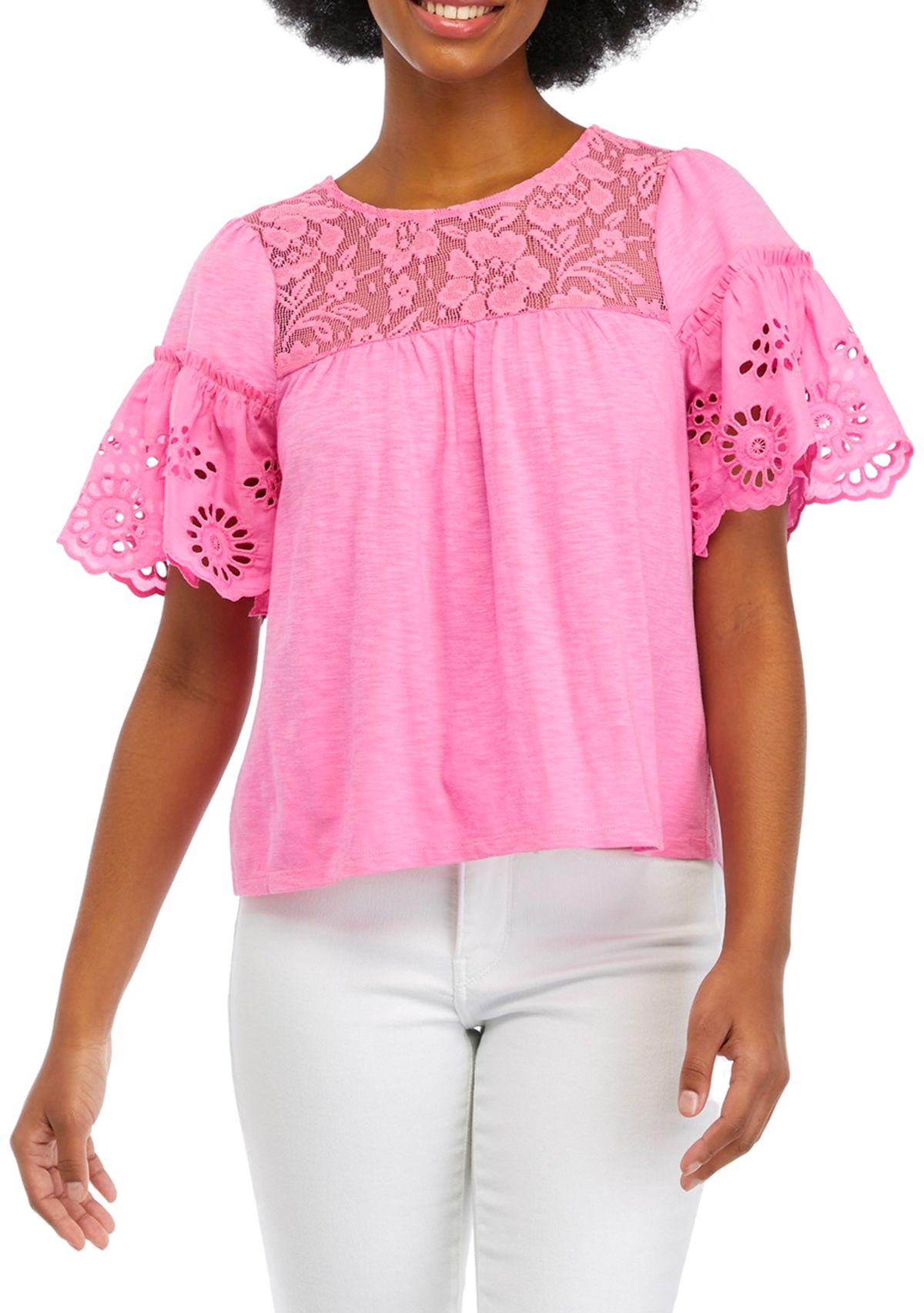 Juniors Short Sleeve Crew Neck Knit Top