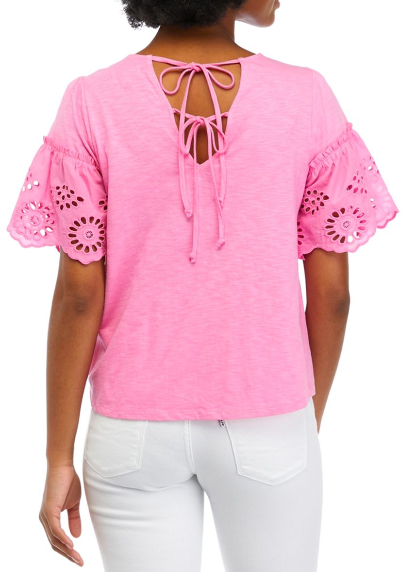 Juniors Short Sleeve Crew Neck Knit Top