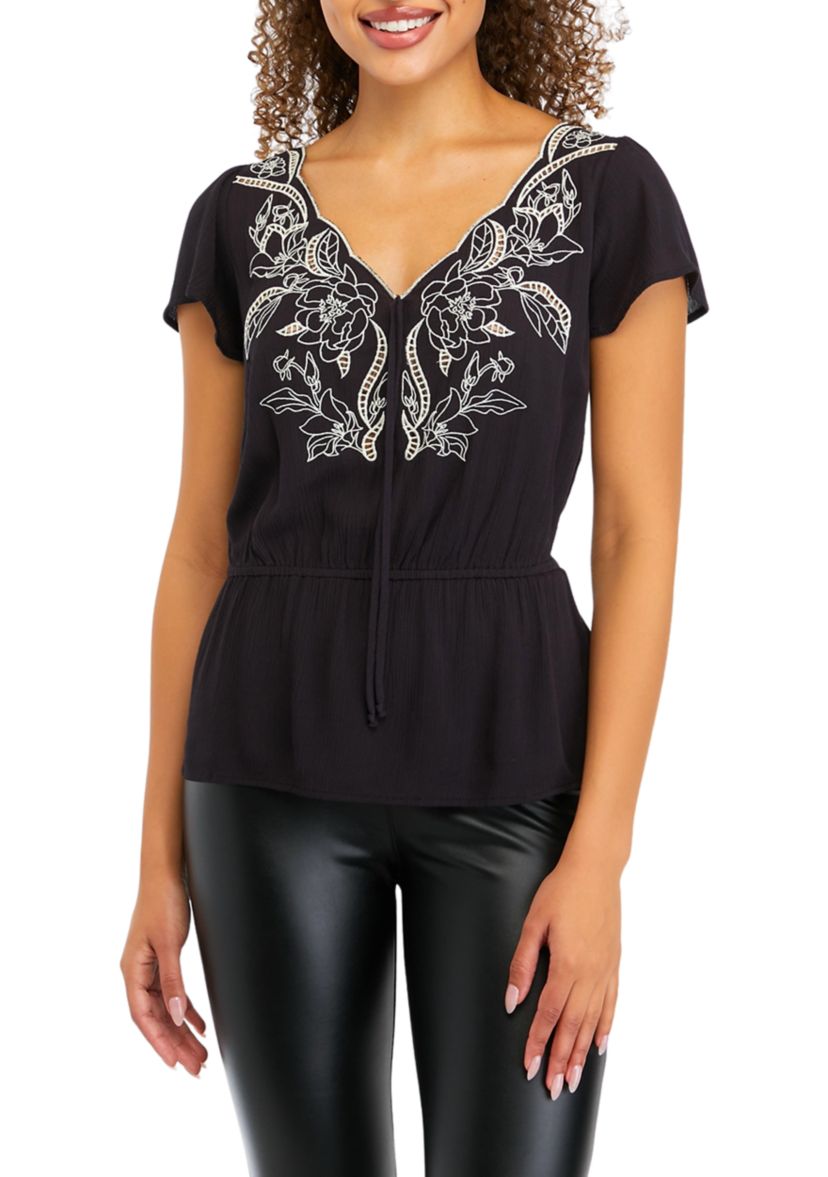 Juniors Short Sleeve Embroidered Peplum Top