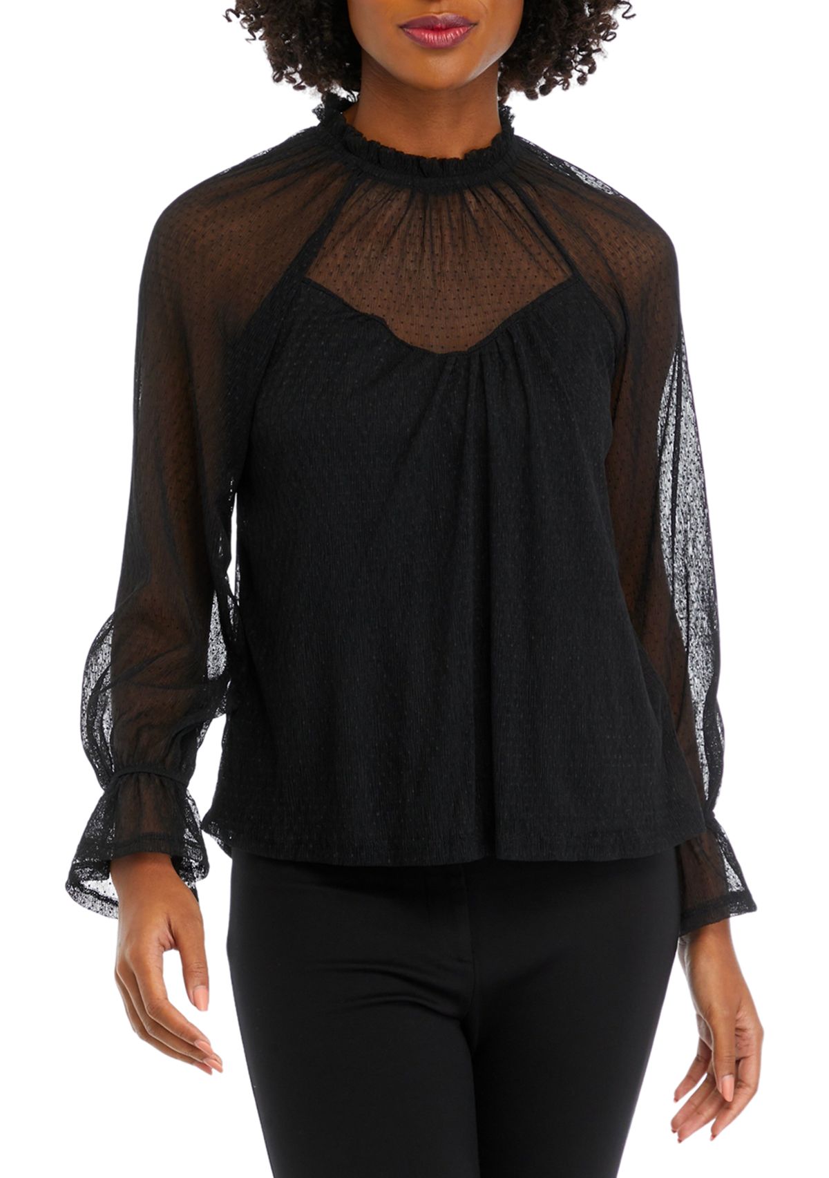Juniors Long Sleeve Mock Dobby Woven Top