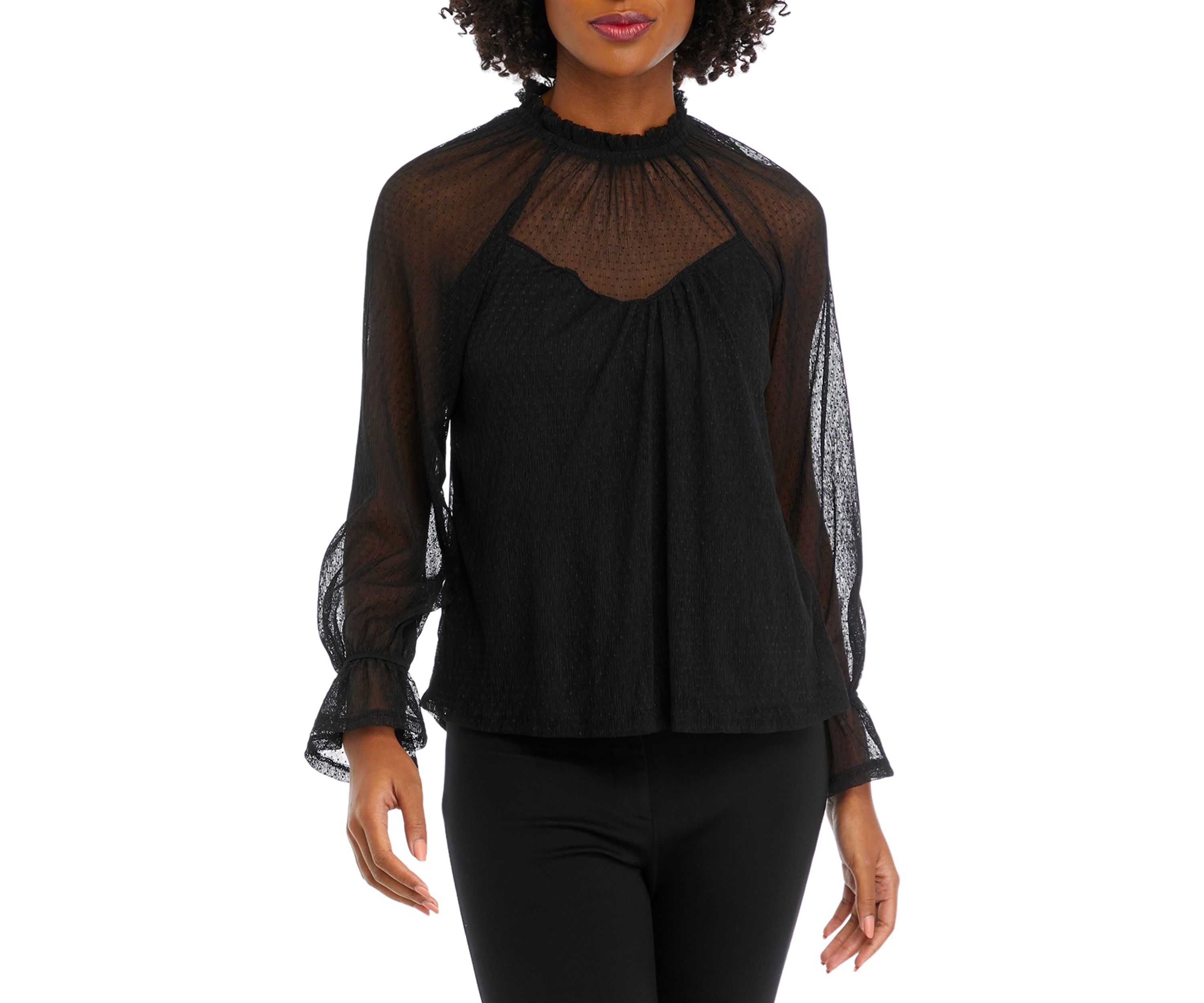 Juniors Long Sleeve Mock Dobby Woven Top