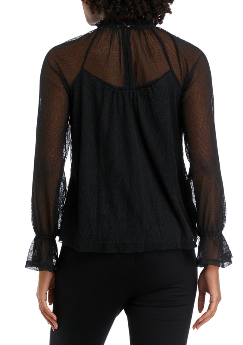 Juniors Long Sleeve Mock Dobby Woven Top