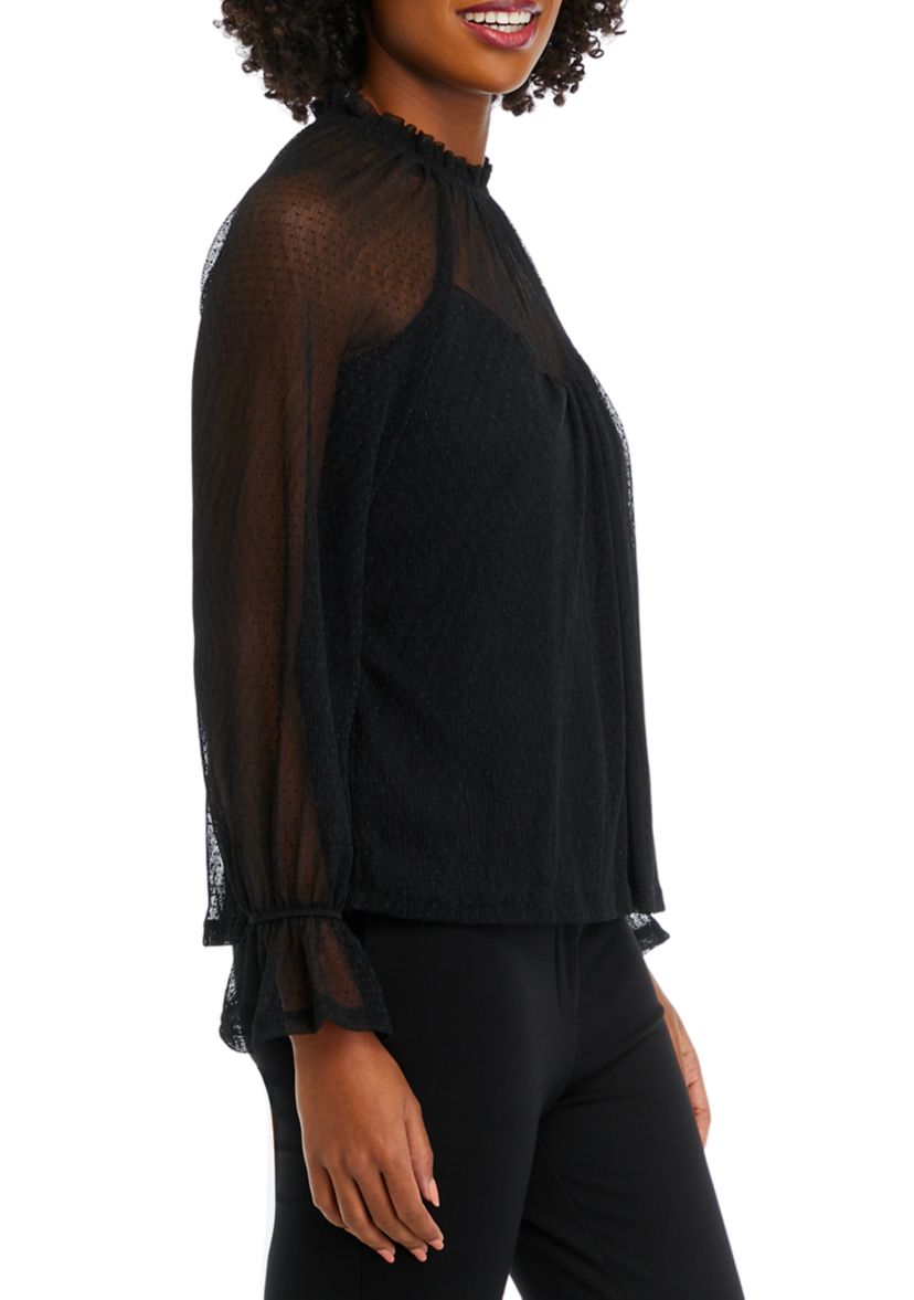 Juniors Long Sleeve Mock Dobby Woven Top