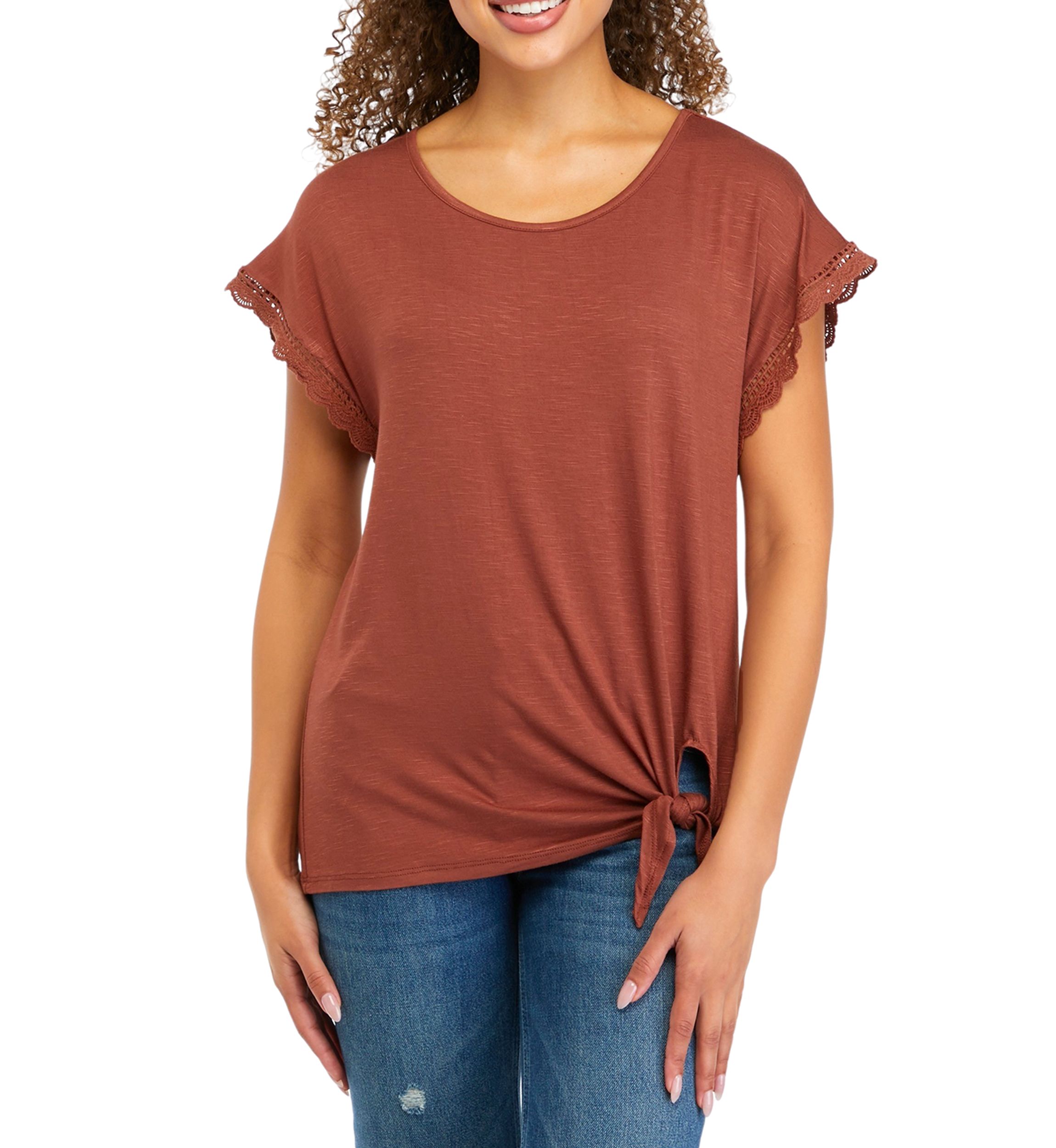 Juniors Cap Sleeve Crochet Tie Front Top