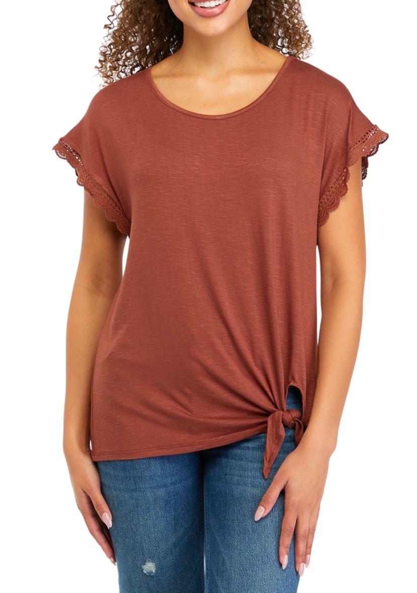 Juniors Cap Sleeve Crochet Tie Front Top