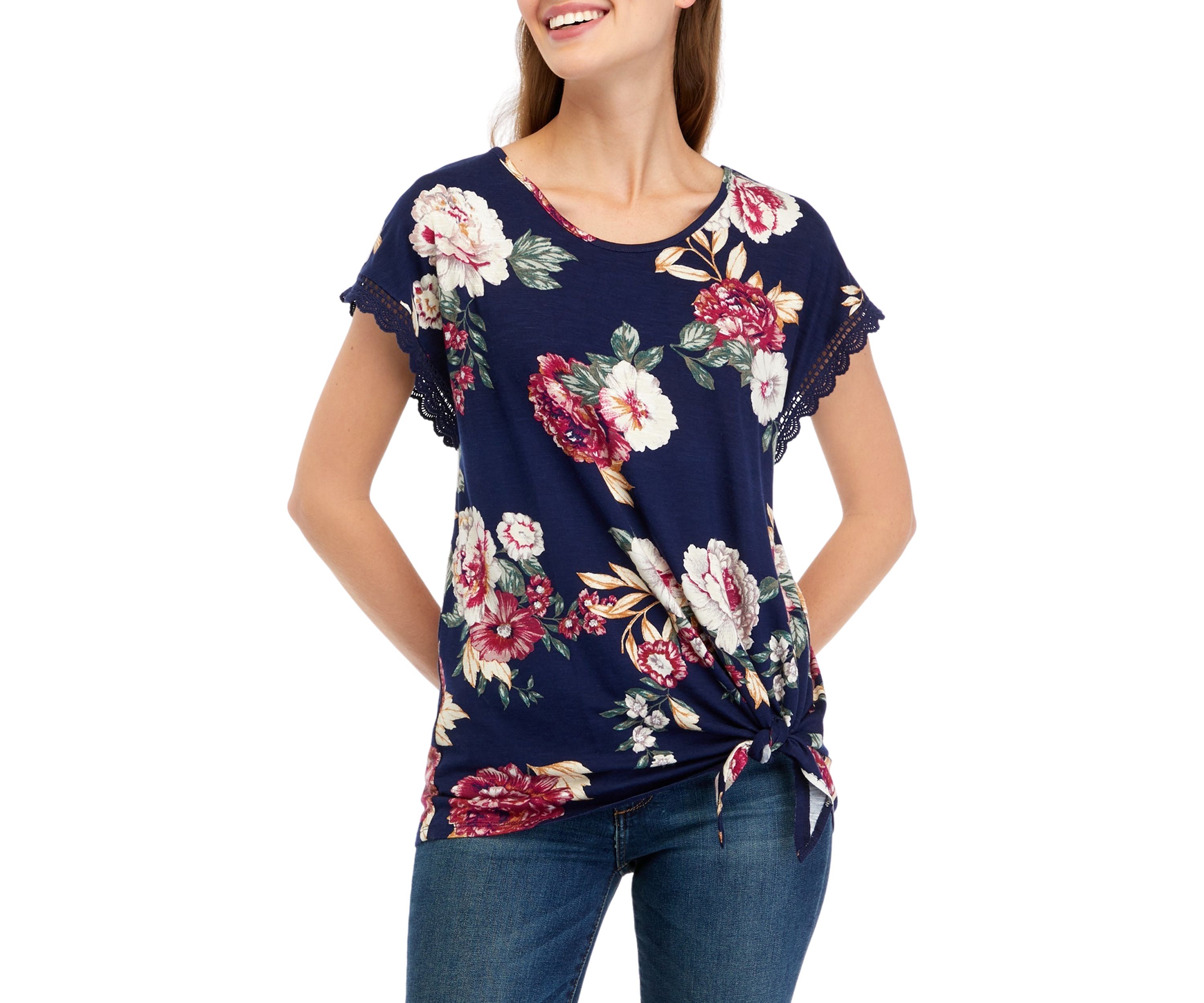 Juniors Printed Crochet Tie Front Top