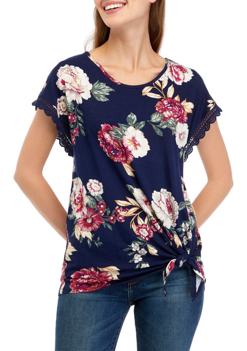Juniors Printed Crochet Tie Front Top