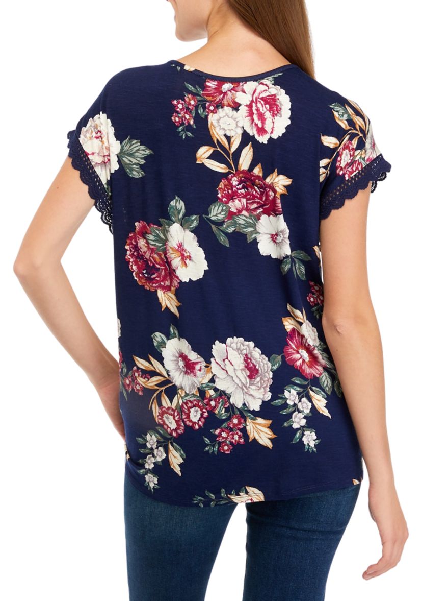 Juniors Printed Crochet Tie Front Top