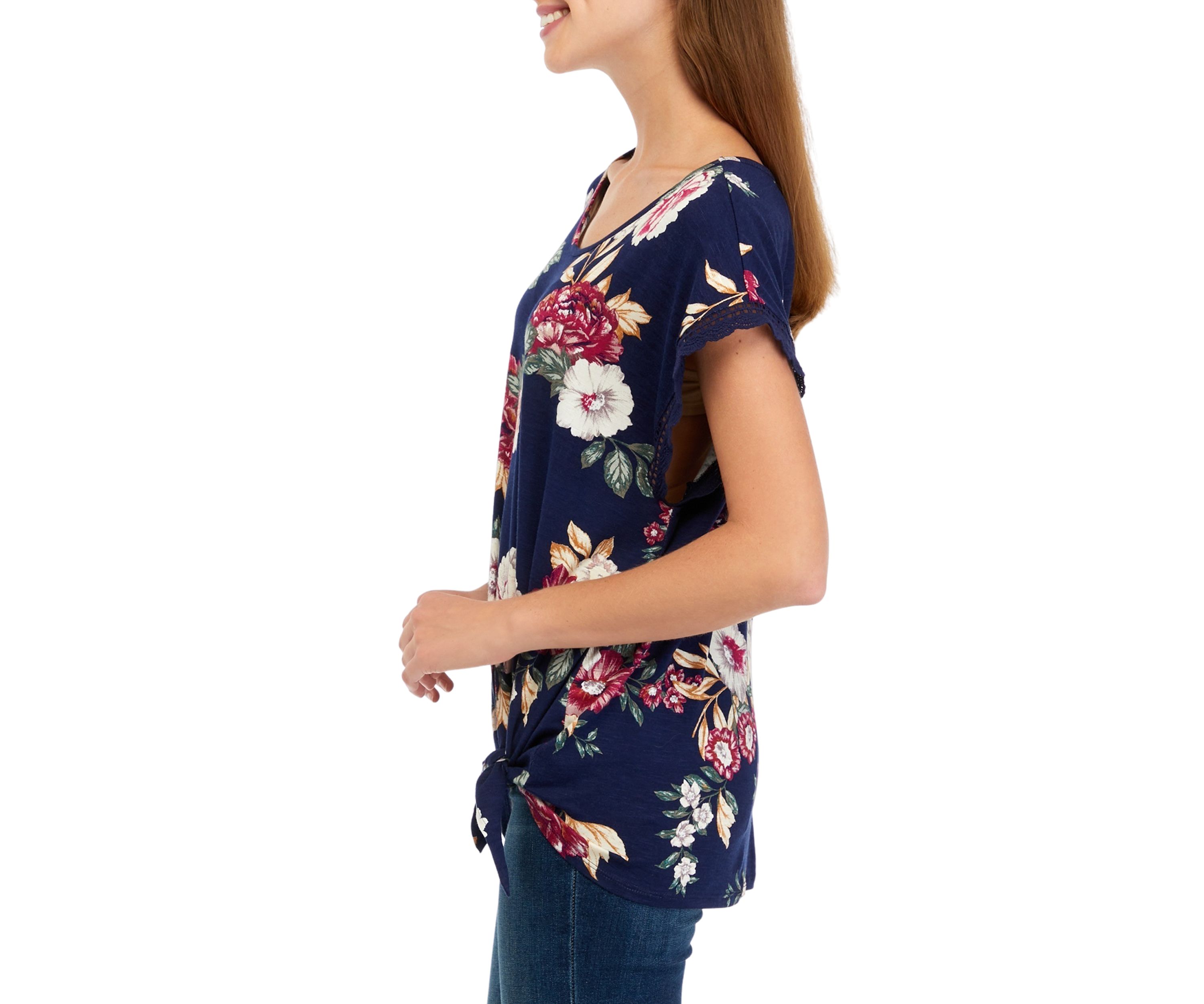 Juniors Printed Crochet Tie Front Top