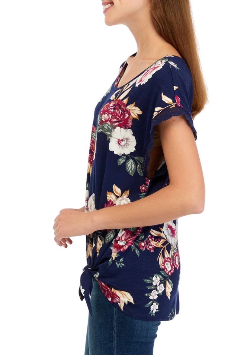 Juniors Printed Crochet Tie Front Top