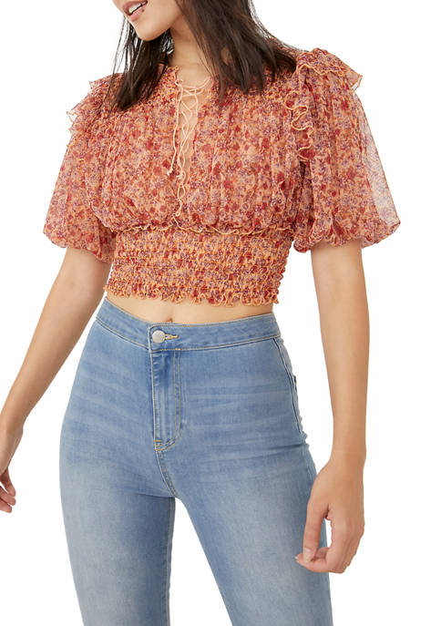 Free People Peach Combo Puff Sleeve Floral Top