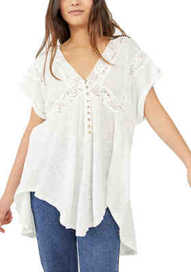 NEW Free People To the West Tee Size XS S M L V Neck Lace Trim Top Shirt 