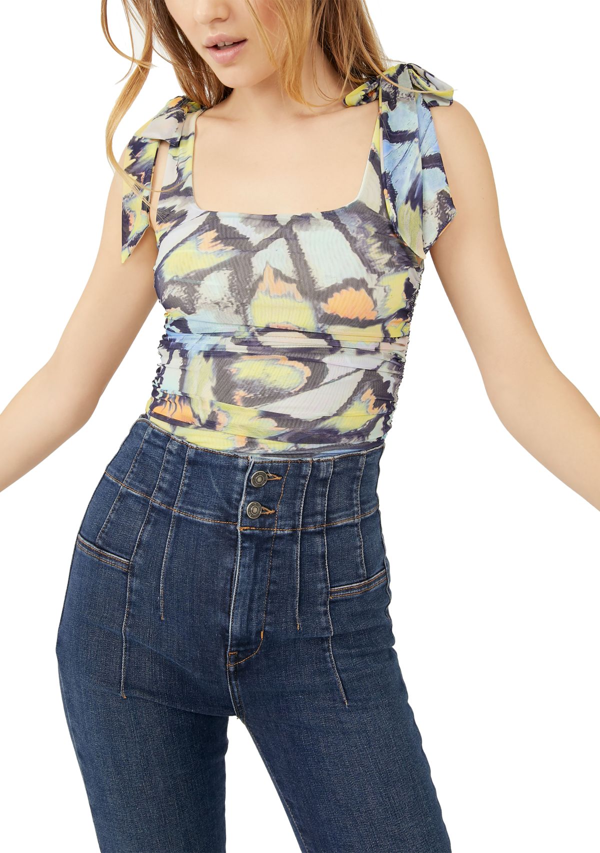 Sleeveless Bow Strap Abstract Print Top