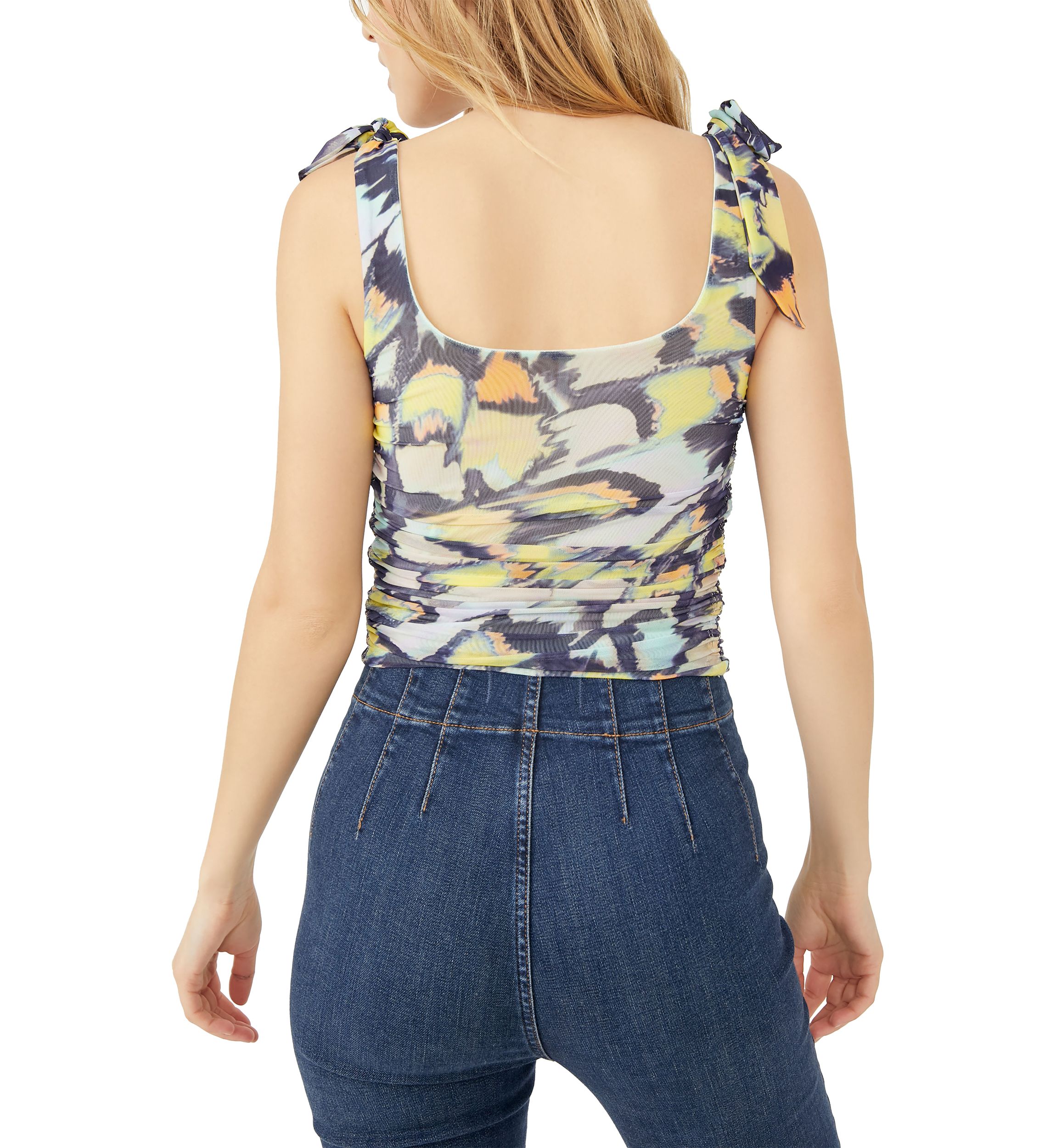 Sleeveless Bow Strap Abstract Print Top