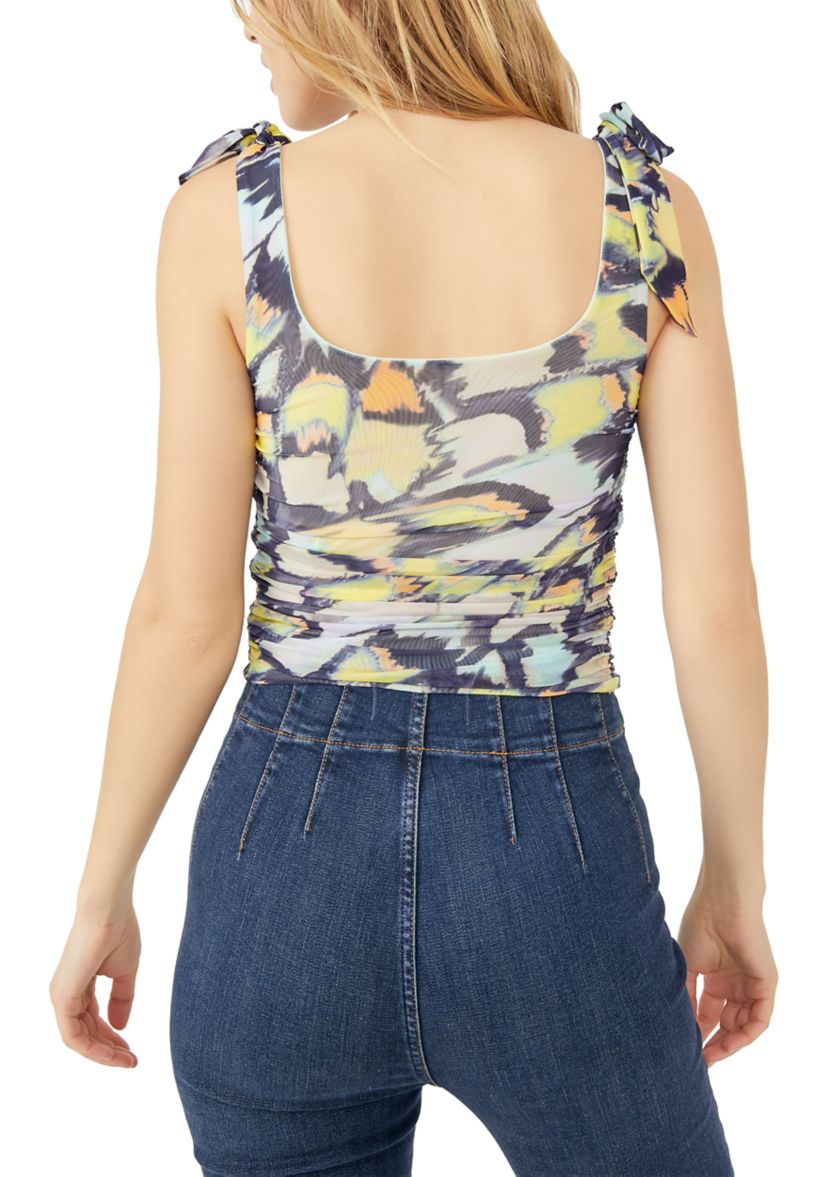 Sleeveless Bow Strap Abstract Print Top