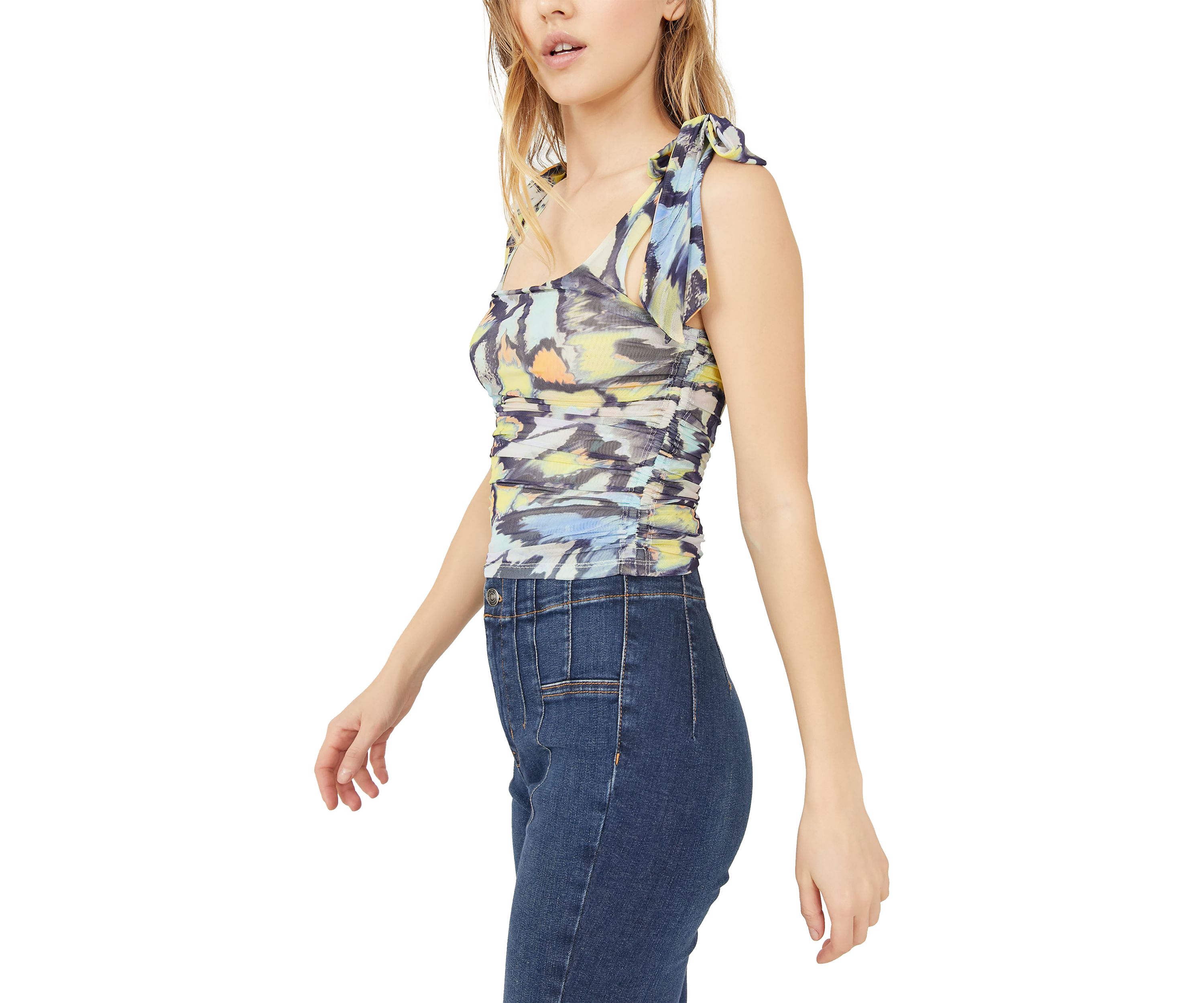 Sleeveless Bow Strap Abstract Print Top